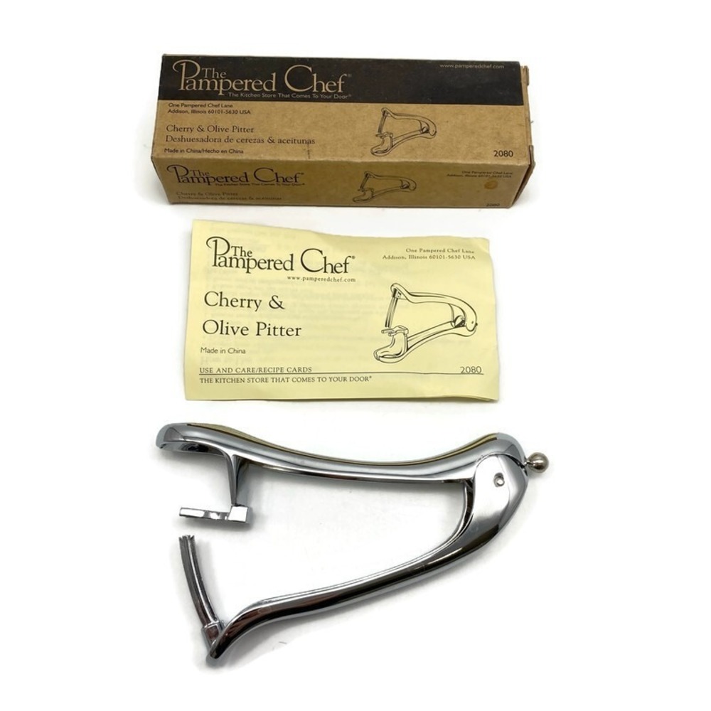 The Pampered Chef Cherry & Olive‎ Pitter 2080 Chrome Silver Metal Finish NIOB